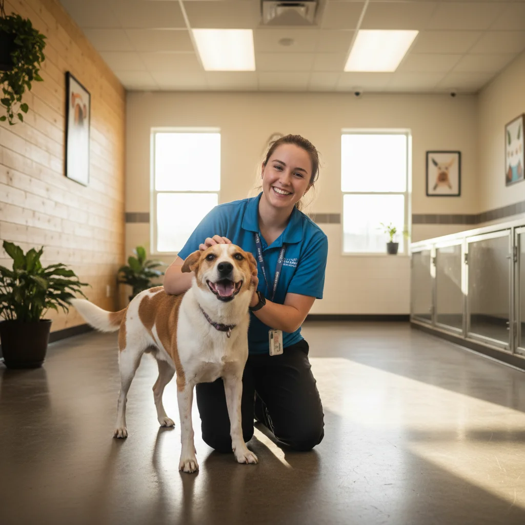 Shelter worker with a happy dog in a modern animal shelter